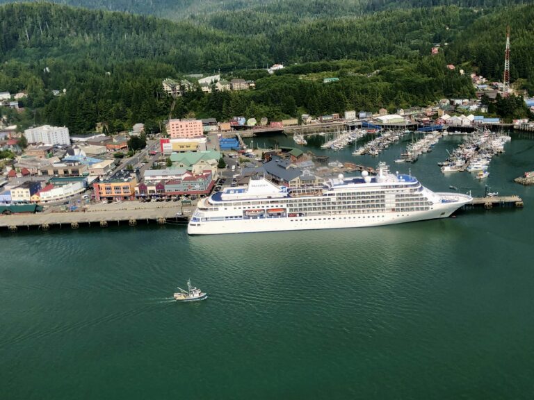 Cruise ship docked beside a colorful waterfront town surrounded by forested hills.