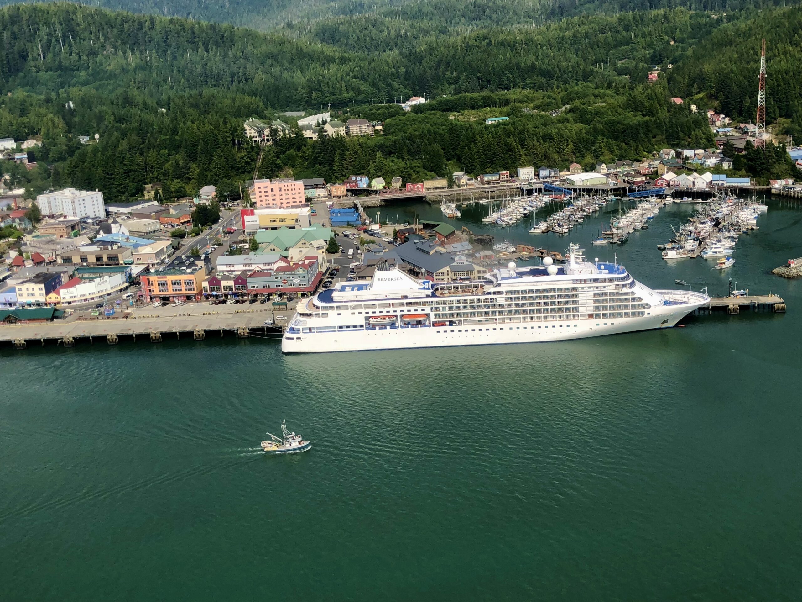 Cruise ship docked beside a colorful waterfront town surrounded by forested hills.